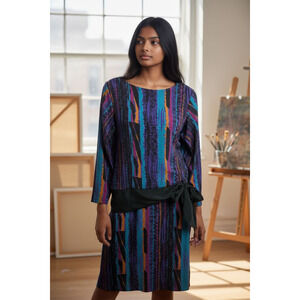 4341)Vtg 80s Strait Lane Abstract  Stripe Drop Waist Bow Secretary Dress 10